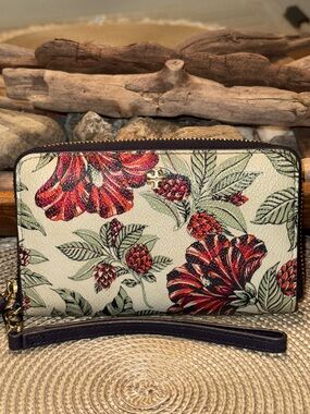Tory Burch Cream Floral Zip Wristlet with Red Accents